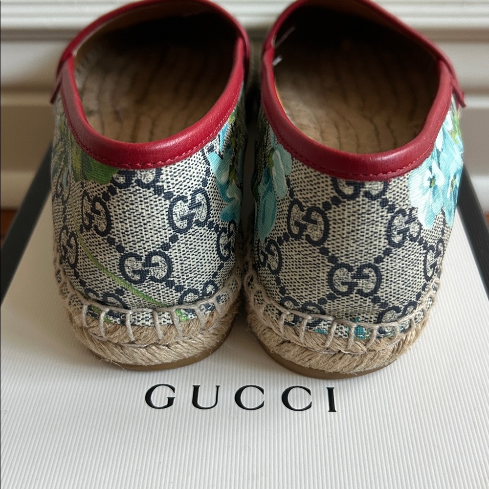 Gucci Blooms Supreme blue floral  Espadrilles red leather trim - Picture 7 of 12
